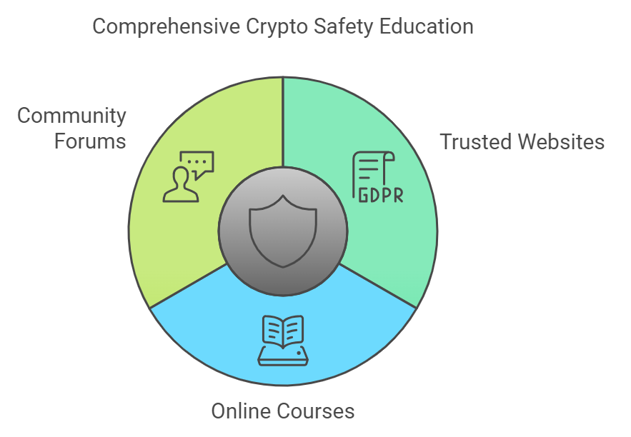 Pie chart of crypto safety education sources: forums, websites, courses